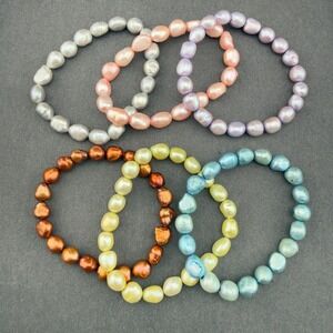 6pc Multi Color Freshwater Baroque Pearl Stretch Bracelet Set Silver Blue Peach